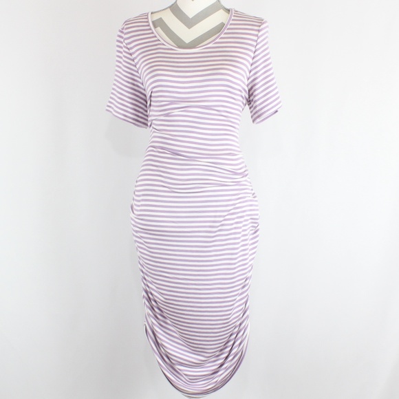 Pleione Women's French Terry Striped Lavender Bodycon Dress - Picture 2 of 6